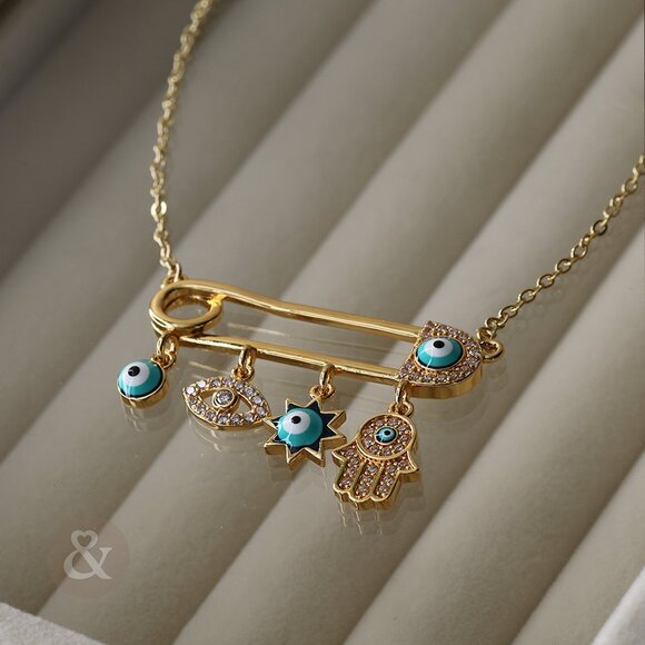Protective Charm Safety Pin Necklace – 4 Dangles - Picture 1 of 2